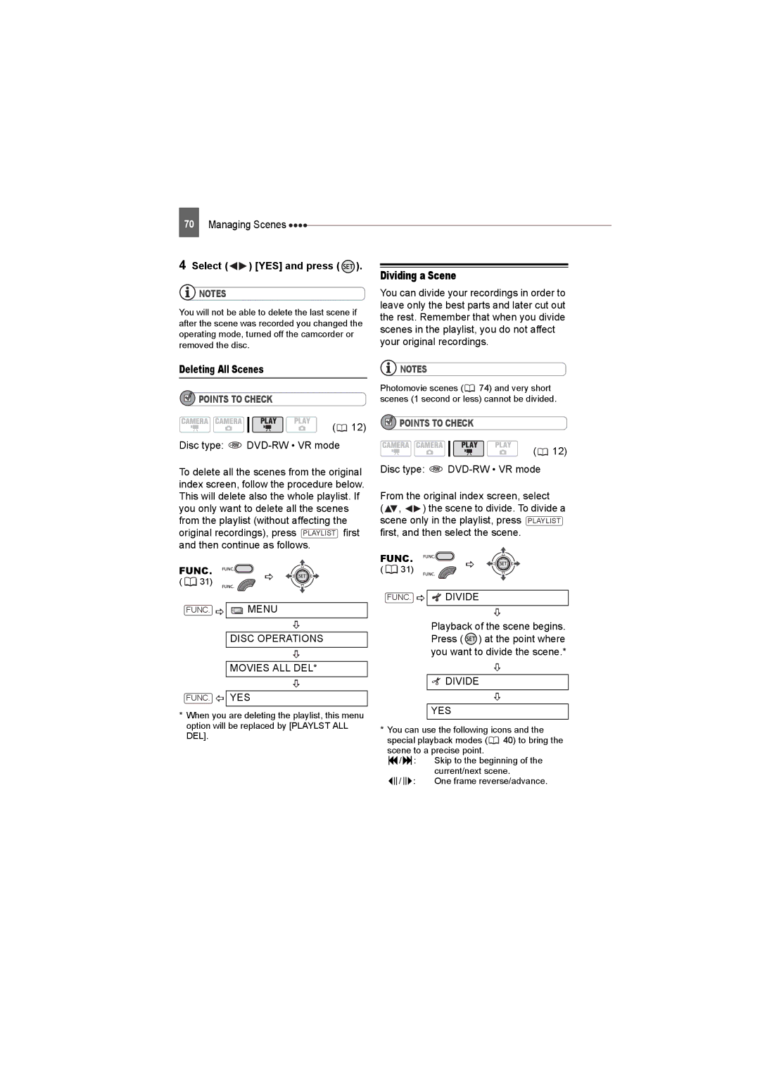 Canon DC50, DC220, DC230 instruction manual Dividing a Scene, Select YES and press, Deleting All Scenes 