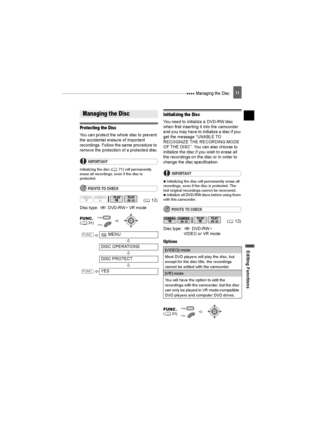 Canon DC230 Managing the Disc, Protecting the Disc, Initializing the Disc, Disc Operations Disc Protect, Editing Functions 