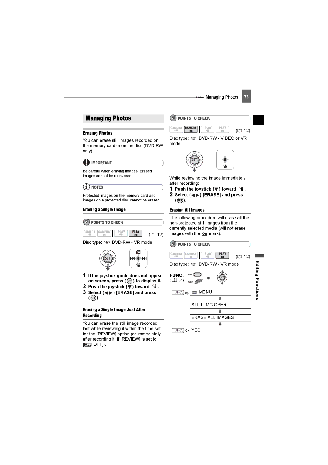 Canon DC50, DC220, DC230 instruction manual Managing Photos, Erasing Photos, Still IMG Oper, Erase ALL Images 