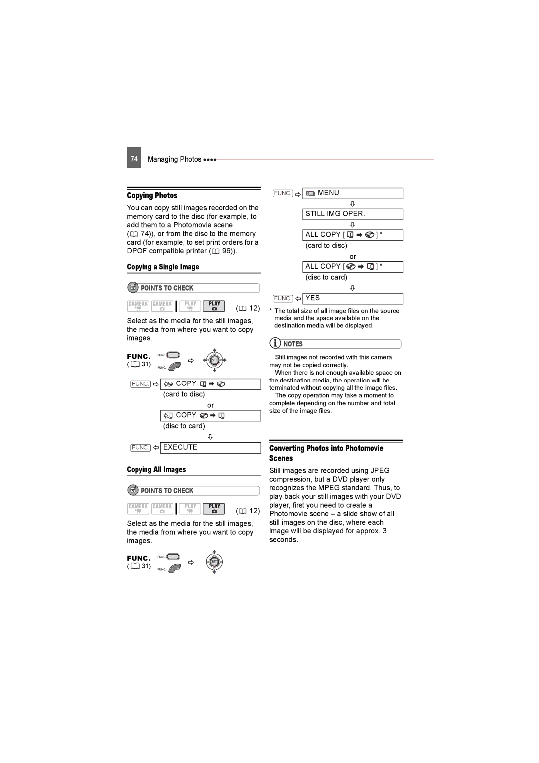 Canon DC230, DC220, DC50 Copying Photos, Converting Photos into Photomovie Scenes, Copying a Single Image, FUNC. Execute 