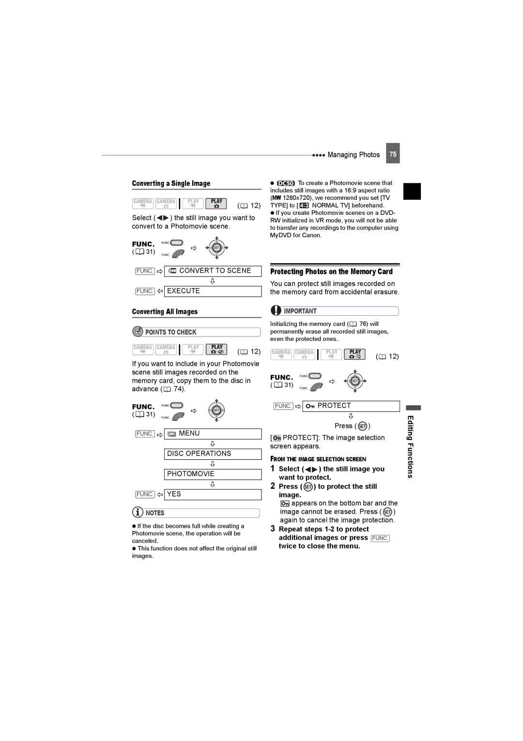 Canon DC220, DC50 Converting a Single Image, FUNC. Convert to Scene FUNC. Execute, Converting All Images, FUNC. Protect 