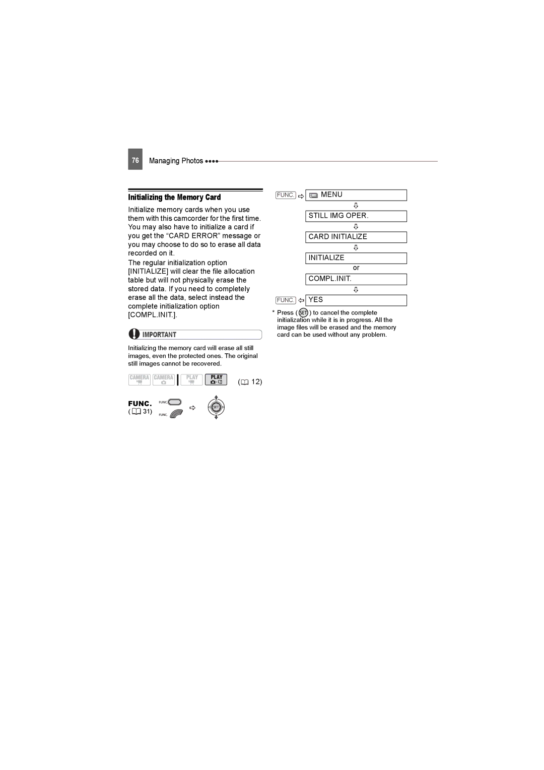 Canon DC50, DC220, DC230 instruction manual Initializing the Memory Card, Still IMG Oper Card Initialize COMPL.INIT 