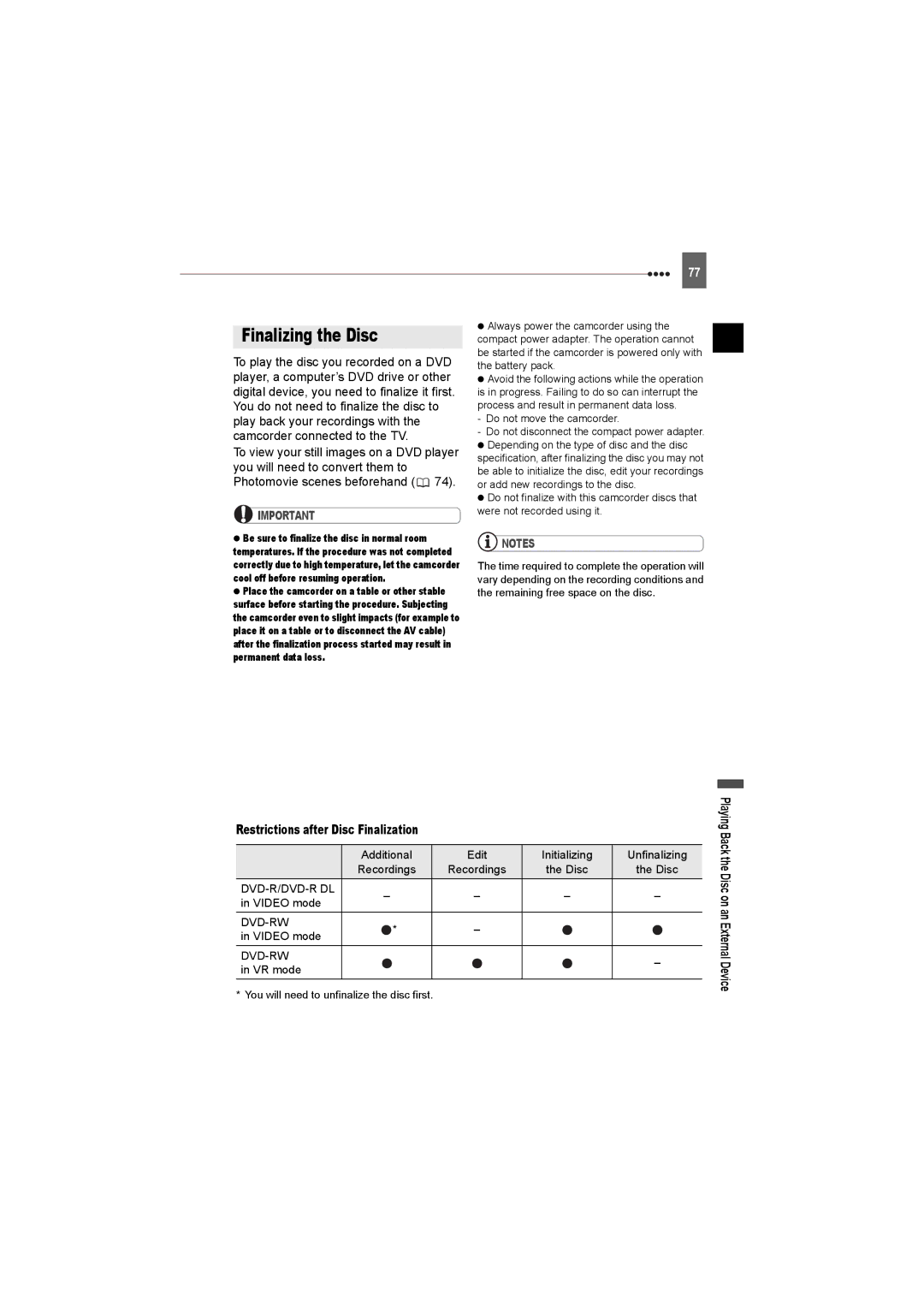 Canon DC230, DC220, DC50 instruction manual Finalizing the Disc, Restrictions after Disc Finalization, Recordings Disc 