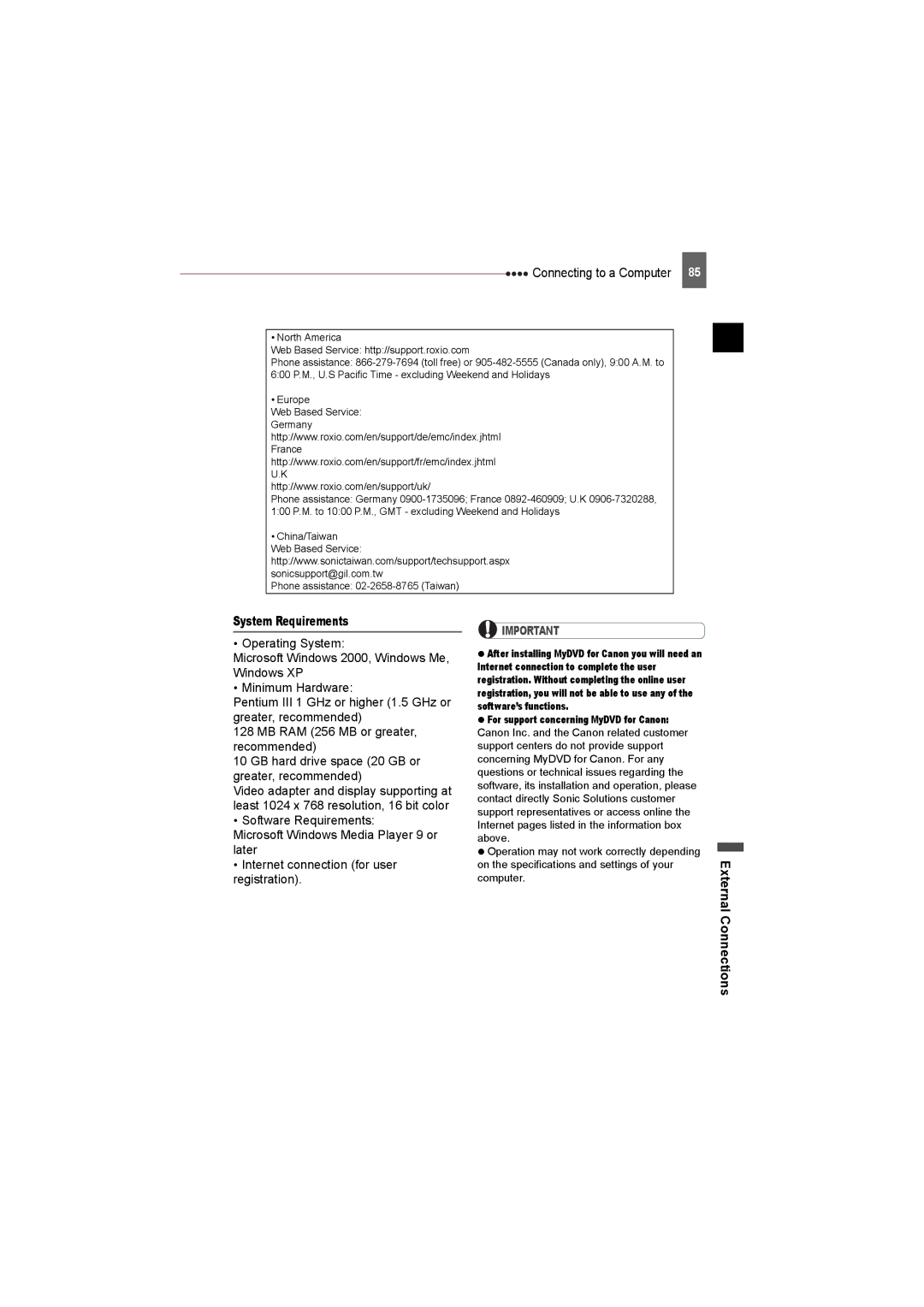 Canon DC50, DC220 System Requirements, Operating System, Minimum Hardware, Software Requirements, External Connections 