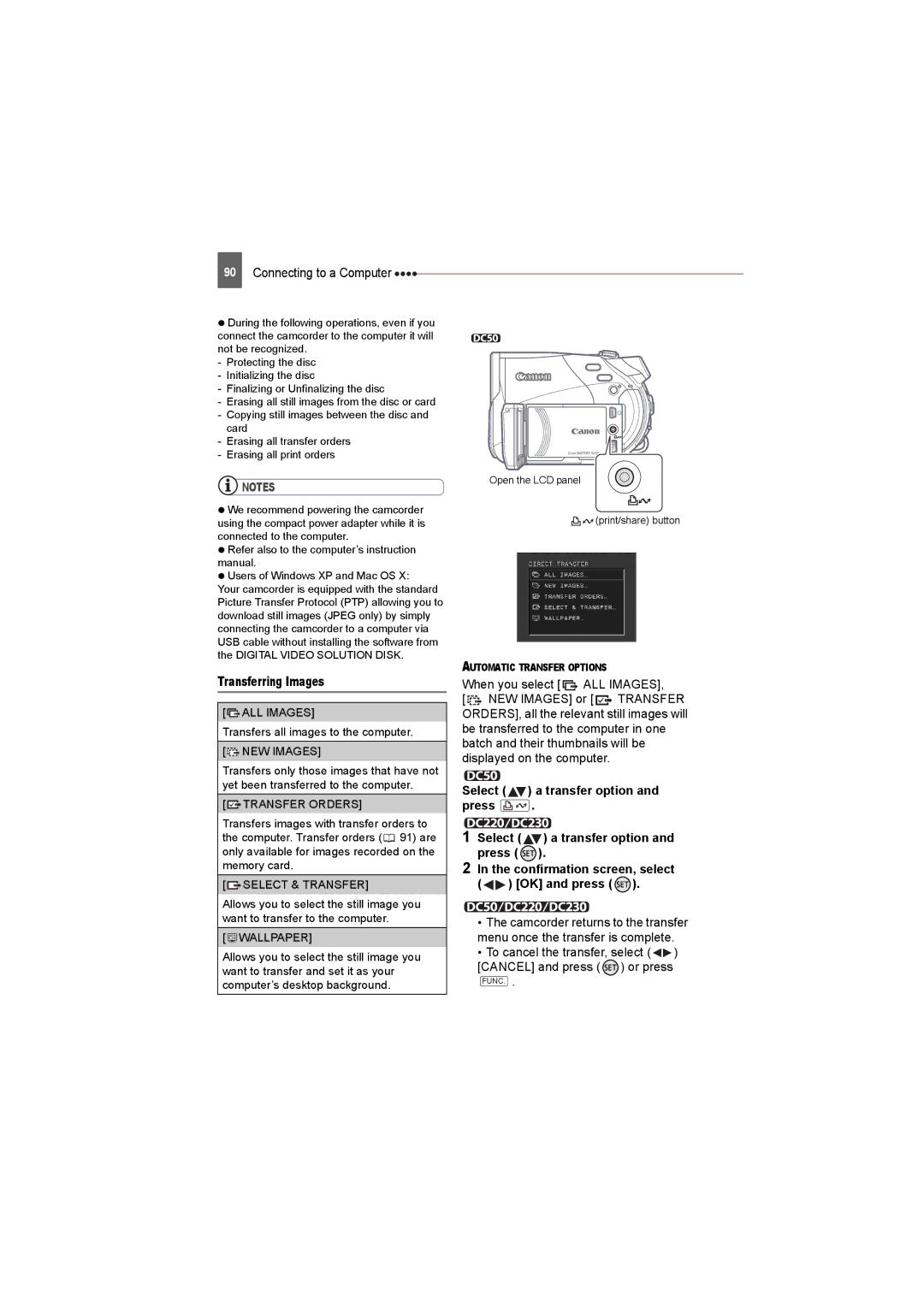 Canon DC220, DC50, DC230 instruction manual Transferring Images, To cancel the transfer, select Cancel and press or press 