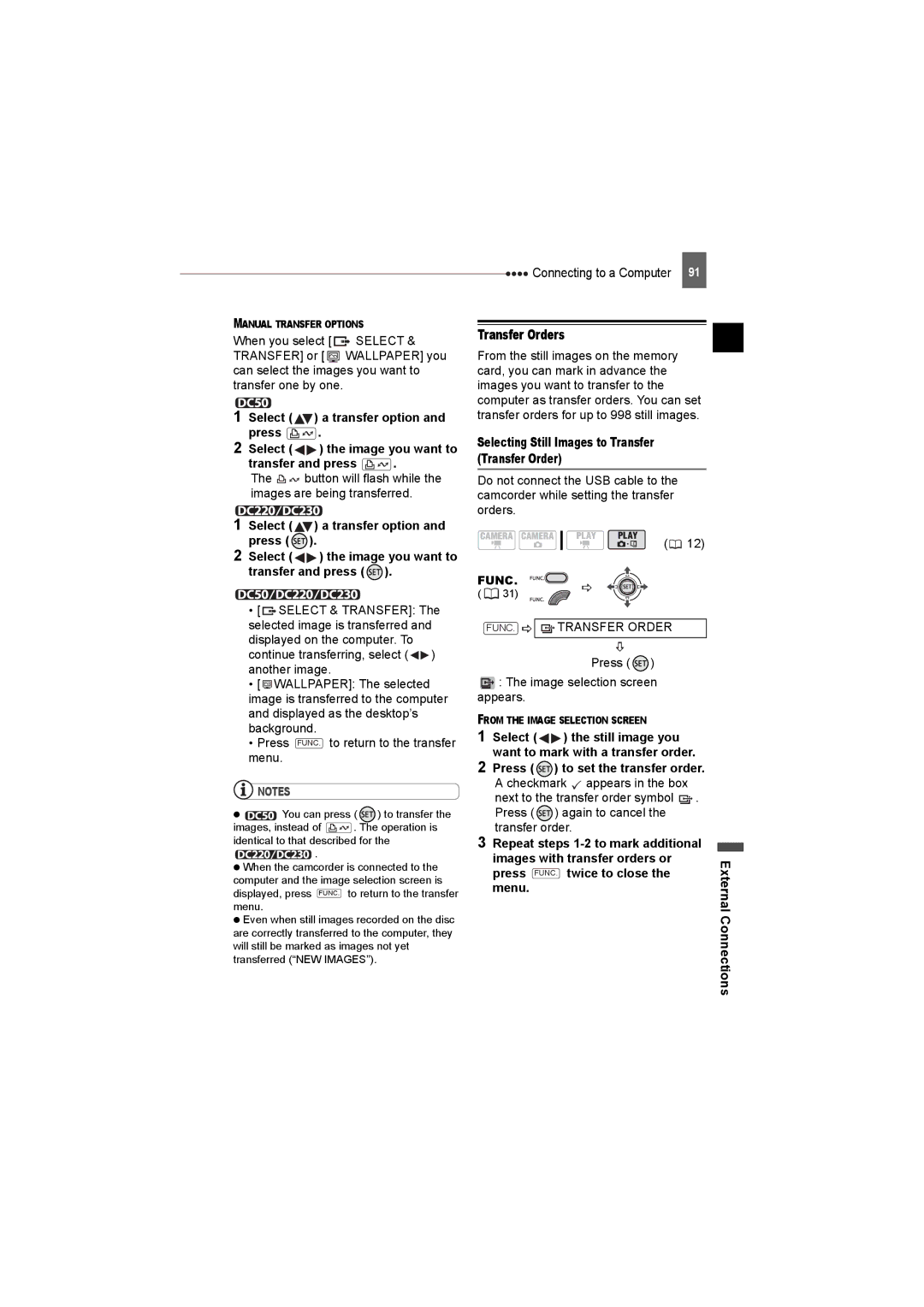 Canon DC50, DC220, DC230 Transfer Orders, Selecting Still Images to Transfer Transfer Order, FUNC. Transfer Order 