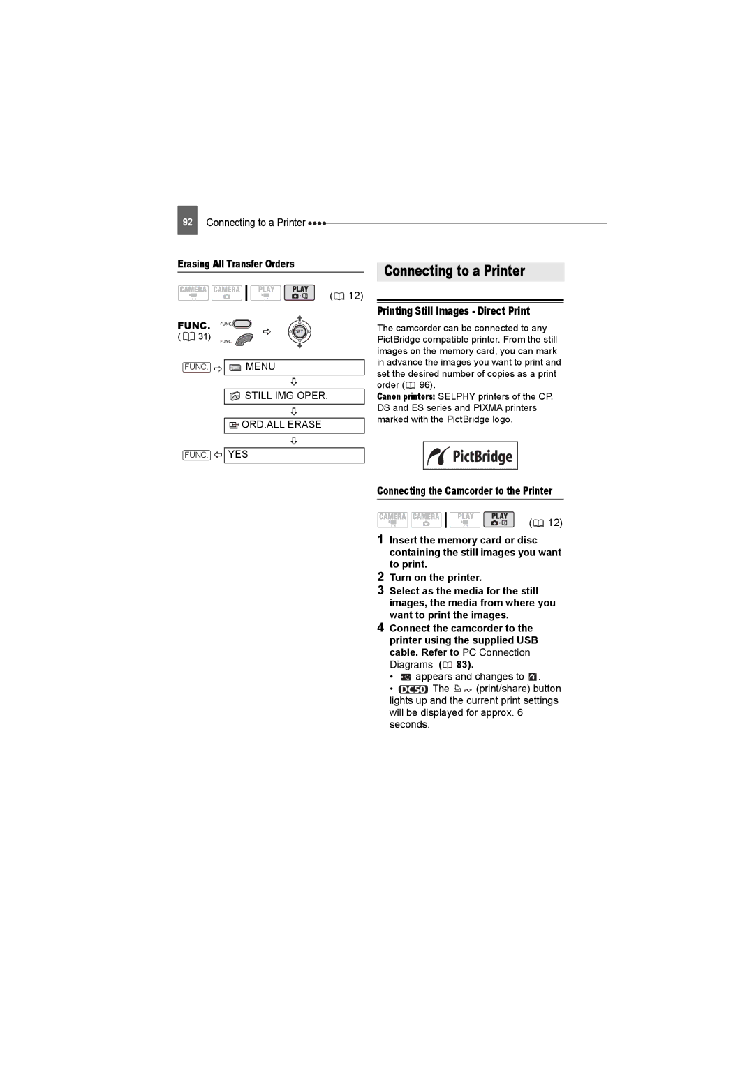 Canon DC230, DC220, DC50 Connecting to a Printer, Printing Still Images Direct Print, Erasing All Transfer Orders 