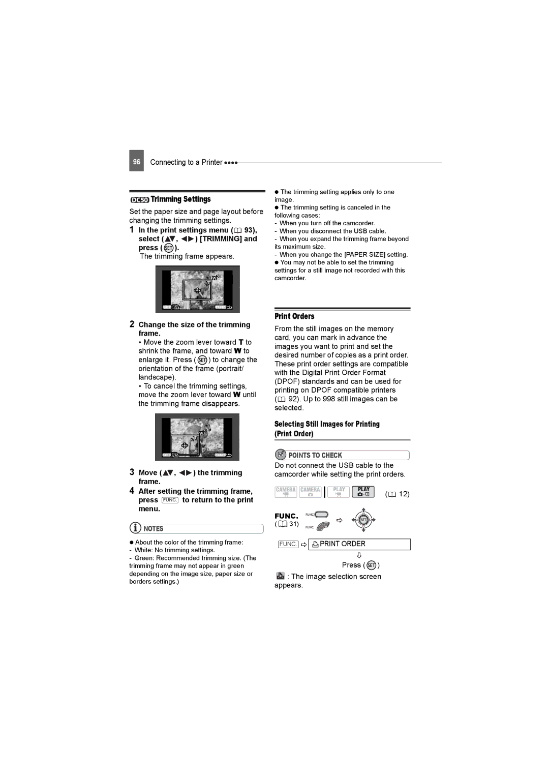 Canon DC220, DC50, DC230 instruction manual Trimming Settings, Print Orders, Print settings menu Select , Trimming and press 