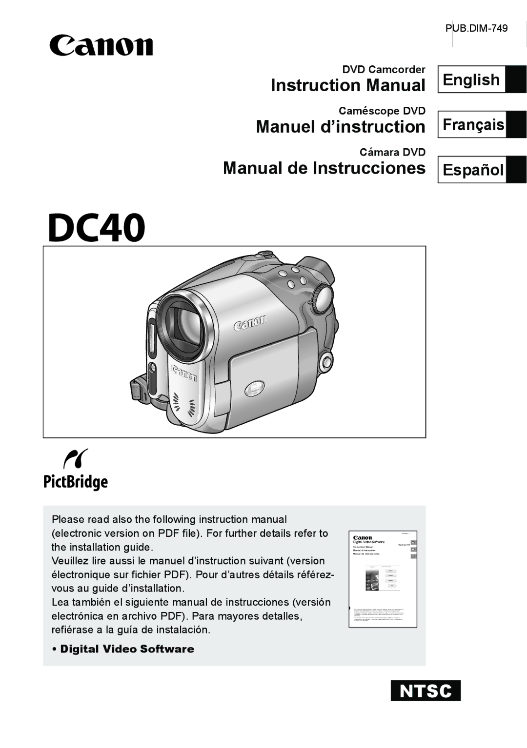 Canon DC40 instruction manual English Français, DVD Camcorder Caméscope DVD, Cámara DVD, Digital Video Software 