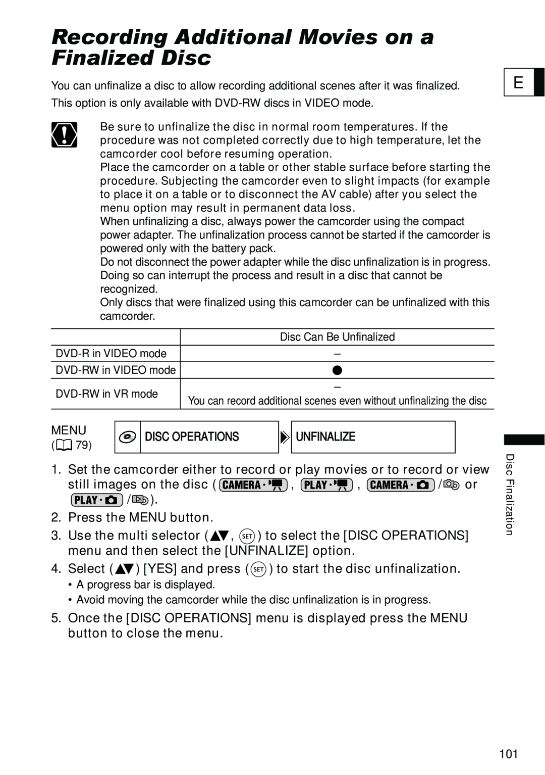 Canon DC40 instruction manual Recording Additional Movies on a Finalized Disc, DVD-RW in VR mode 