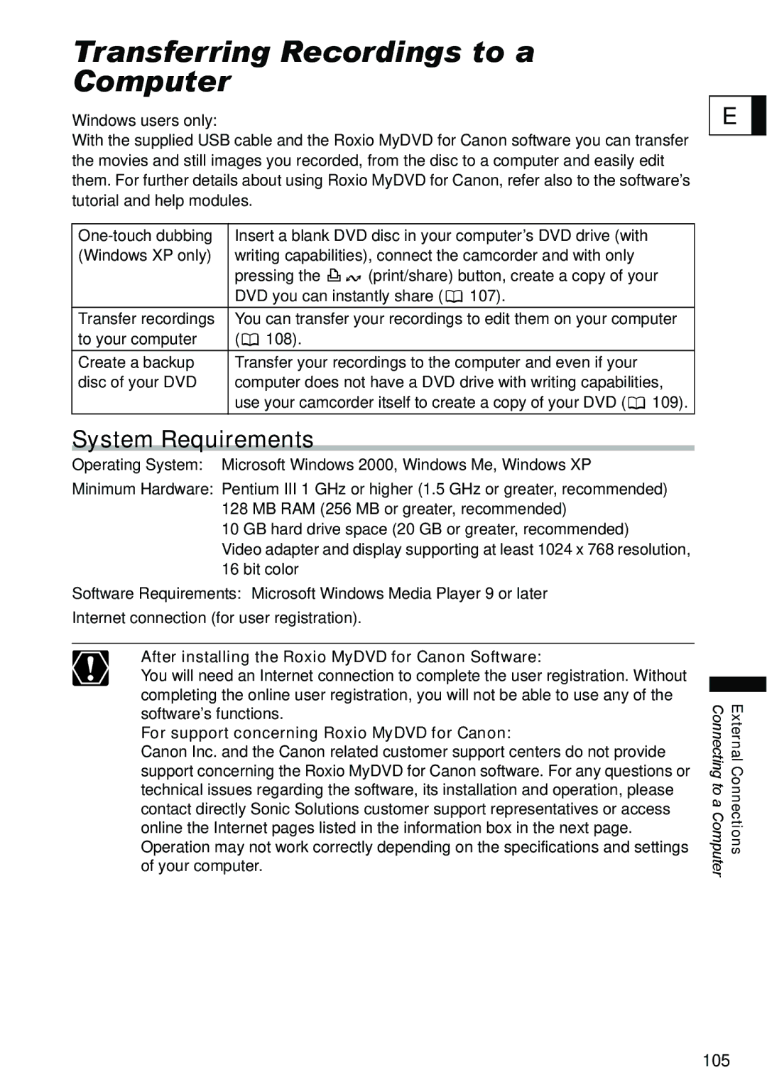 Canon DC40 Transferring Recordings to a Computer, System Requirements,  For support concerning Roxio MyDVD for Canon 