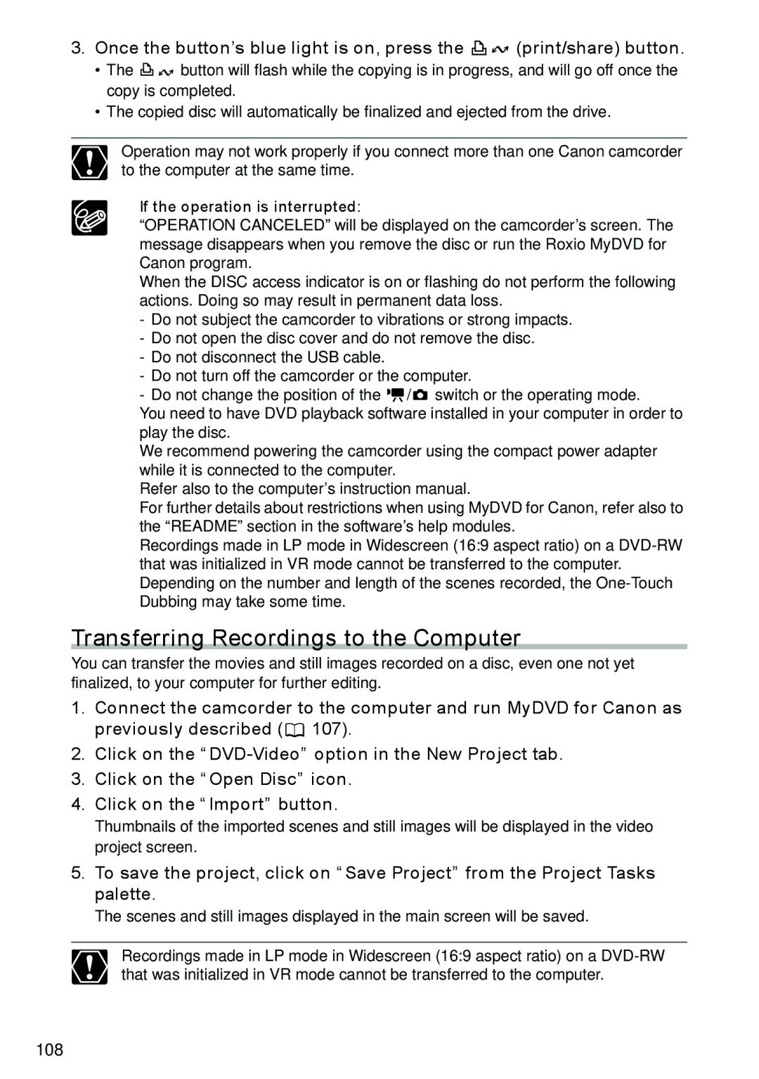 Canon DC40 instruction manual Transferring Recordings to the Computer,  If the operation is interrupted 