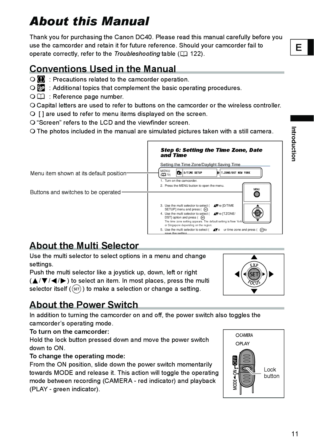 Canon DC40 About this Manual, Conventions Used in the Manual, About the Multi Selector, About the Power Switch 