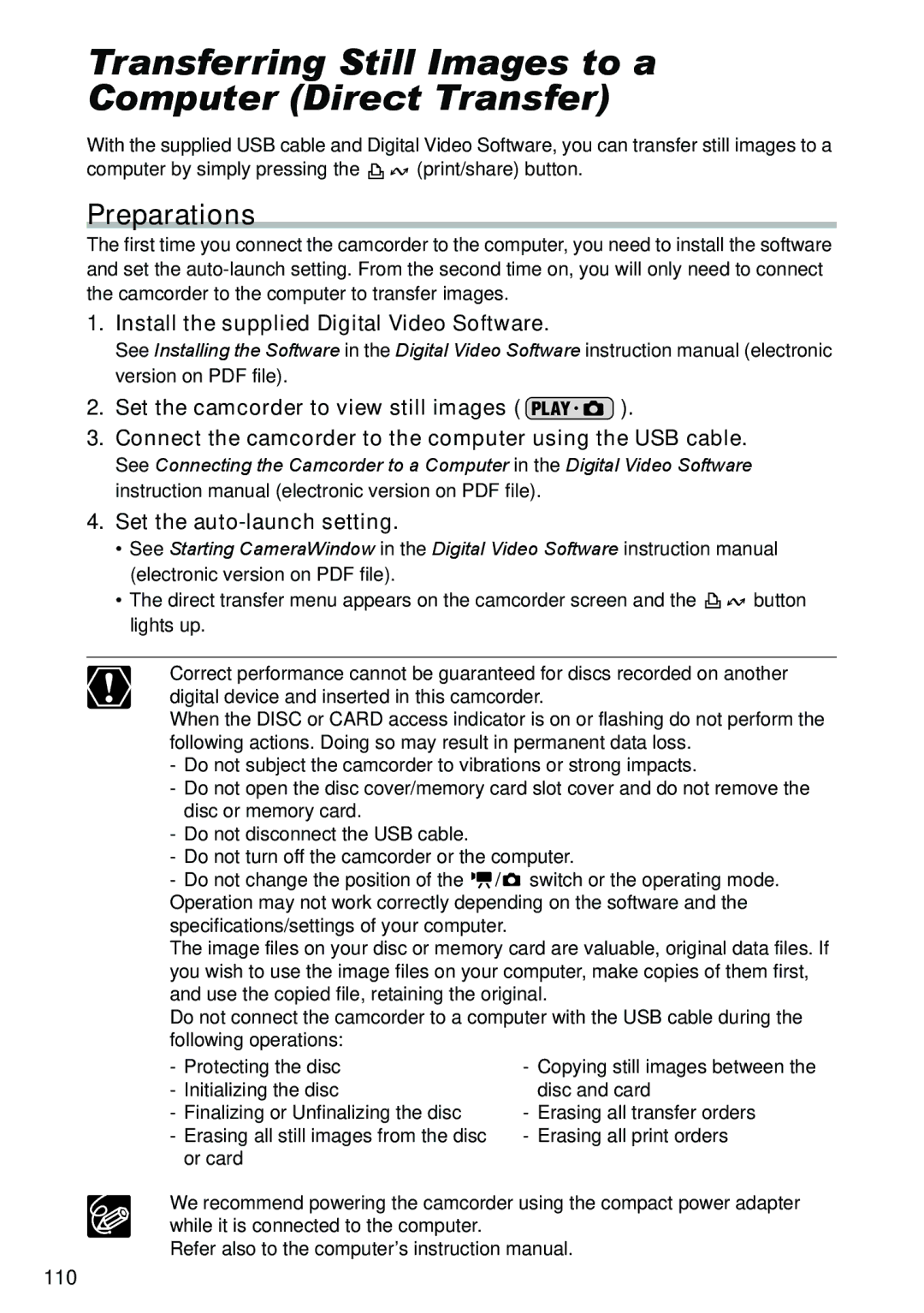 Canon DC40 instruction manual Transferring Still Images to a Computer Direct Transfer, Preparations 