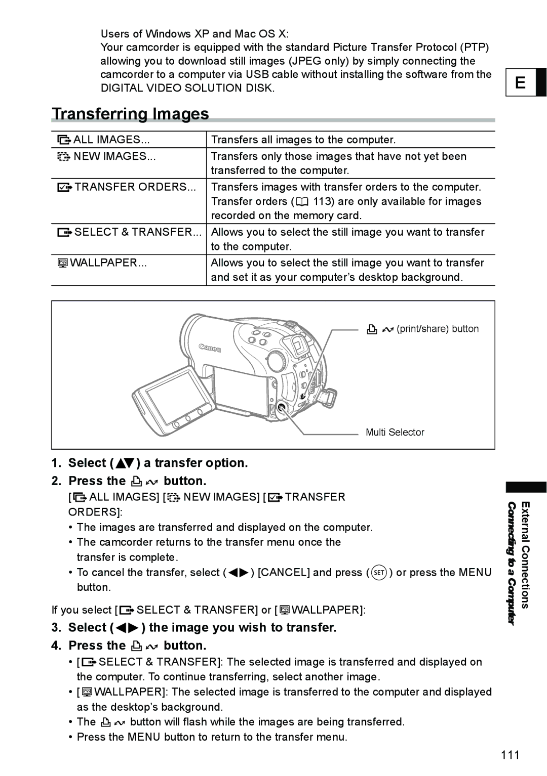 Canon DC40 instruction manual Transferring Images, Select a transfer option Press the button 