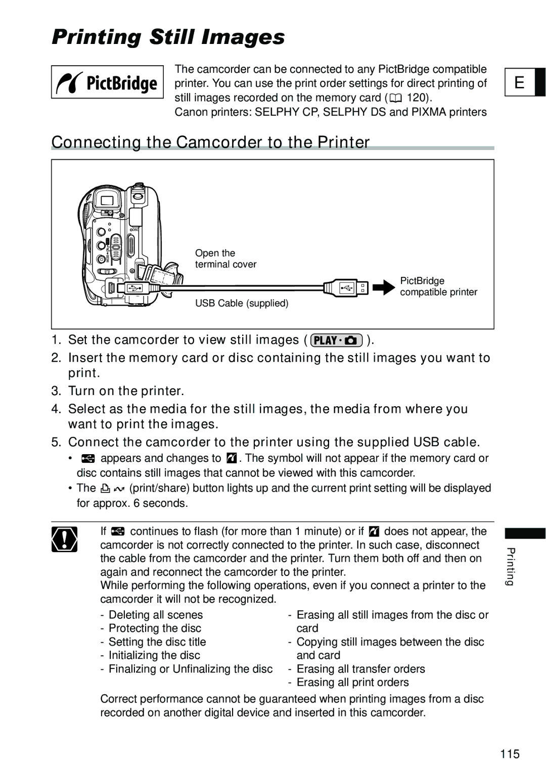 Canon DC40 Printing Still Images, Connecting the Camcorder to the Printer, Protecting the disc Card Setting the disc title 