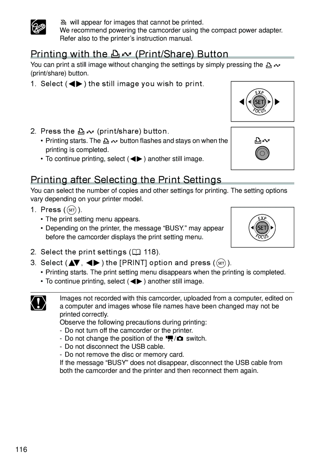 Canon DC40 Printing with the Print/Share Button, Printing after Selecting the Print Settings, Print setting menu appears 