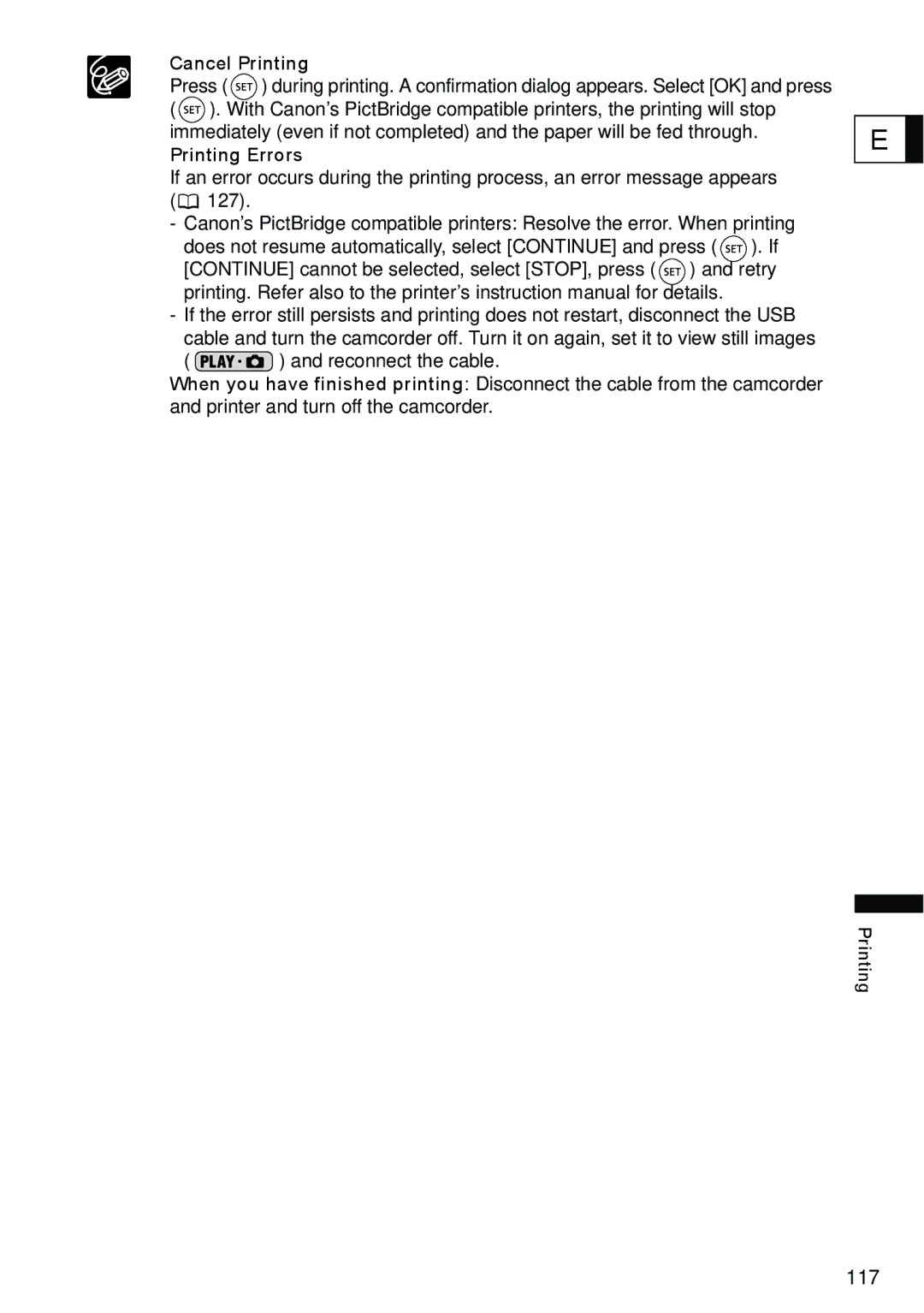 Canon DC40 instruction manual  Cancel Printing,  Printing Errors, Reconnect the cable 