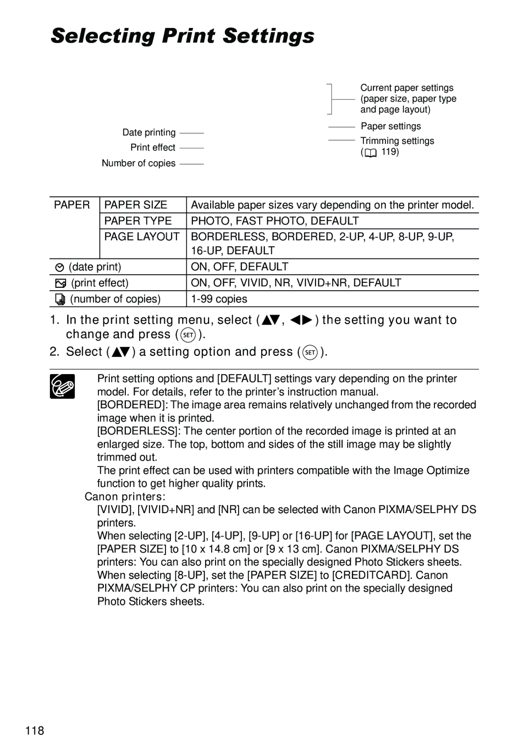 Canon DC40 instruction manual Selecting Print Settings, Date print, Print effect, Number of copies Copies, Canon printers 