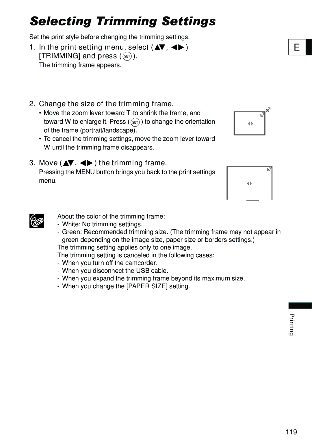 Canon DC40 Selecting Trimming Settings, Print setting menu, select , Trimming and press, Move , the trimming frame 