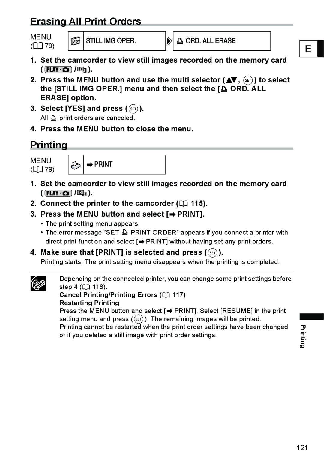 Canon DC40 instruction manual Erasing All Print Orders, Printing, Menu, Make sure that Print is selected and press 