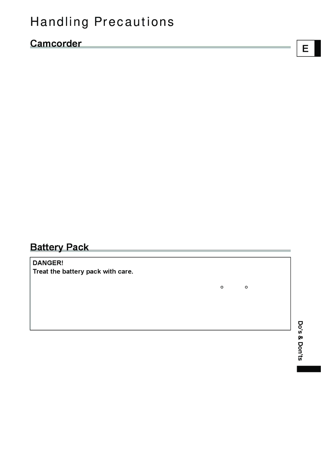 Canon DC40 instruction manual Handling Precautions, Camcorder, Battery Pack, Treat the battery pack with care 