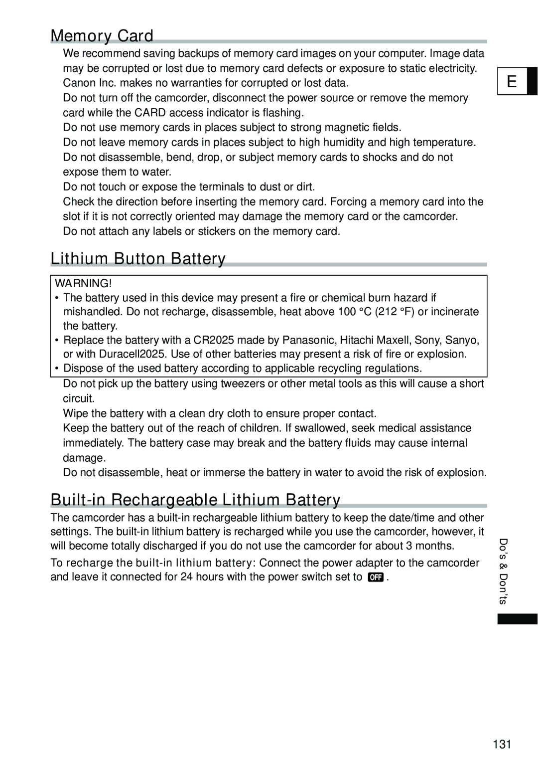 Canon DC40 instruction manual Memory Card, Lithium Button Battery, Built-in Rechargeable Lithium Battery 
