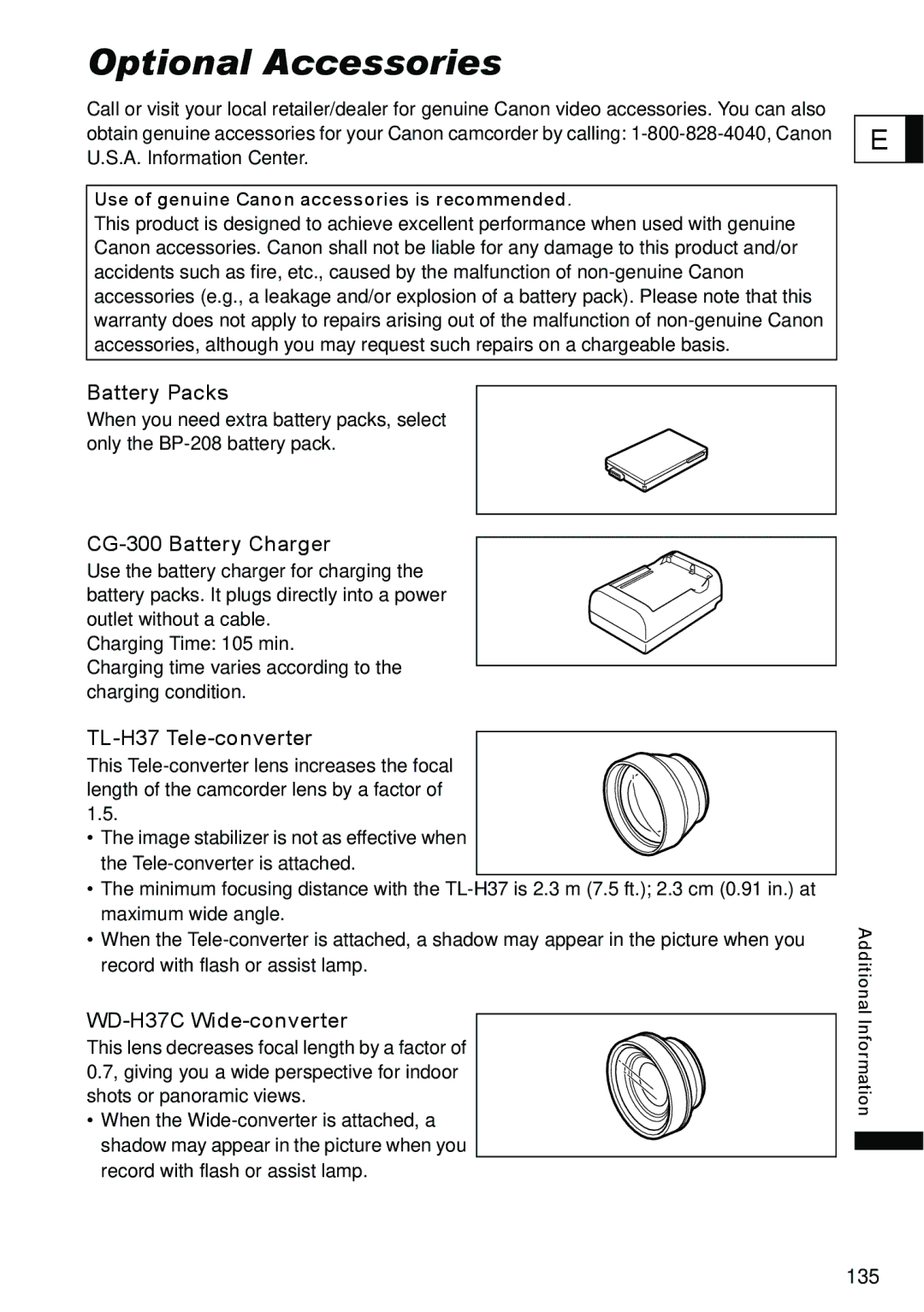 Canon DC40 Optional Accessories, Battery Packs, CG-300 Battery Charger, TL-H37 Tele-converter, WD-H37C Wide-converter 