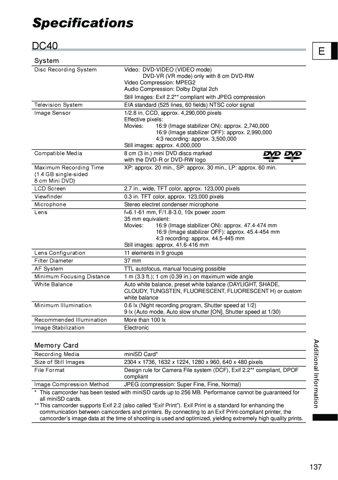 Canon DC40 instruction manual Specifications, System, Memory Card 