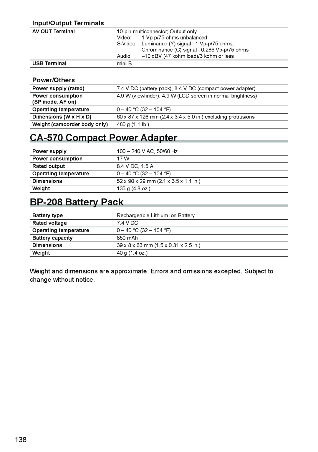 Canon DC40 instruction manual CA-570 Compact Power Adapter, BP-208 Battery Pack, Input/Output Terminals, Power/Others 