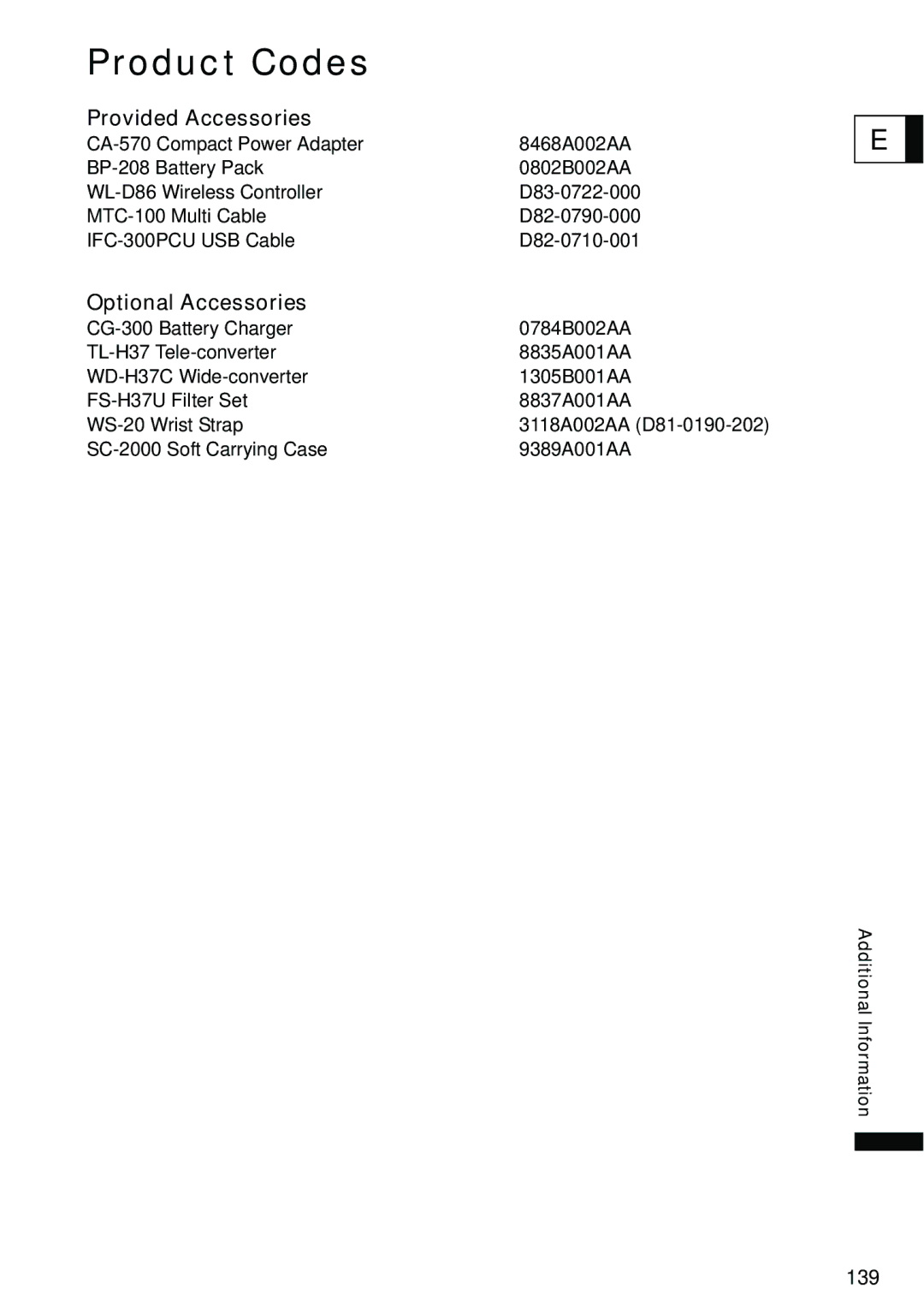 Canon DC40 instruction manual Product Codes, Provided Accessories, Optional Accessories 