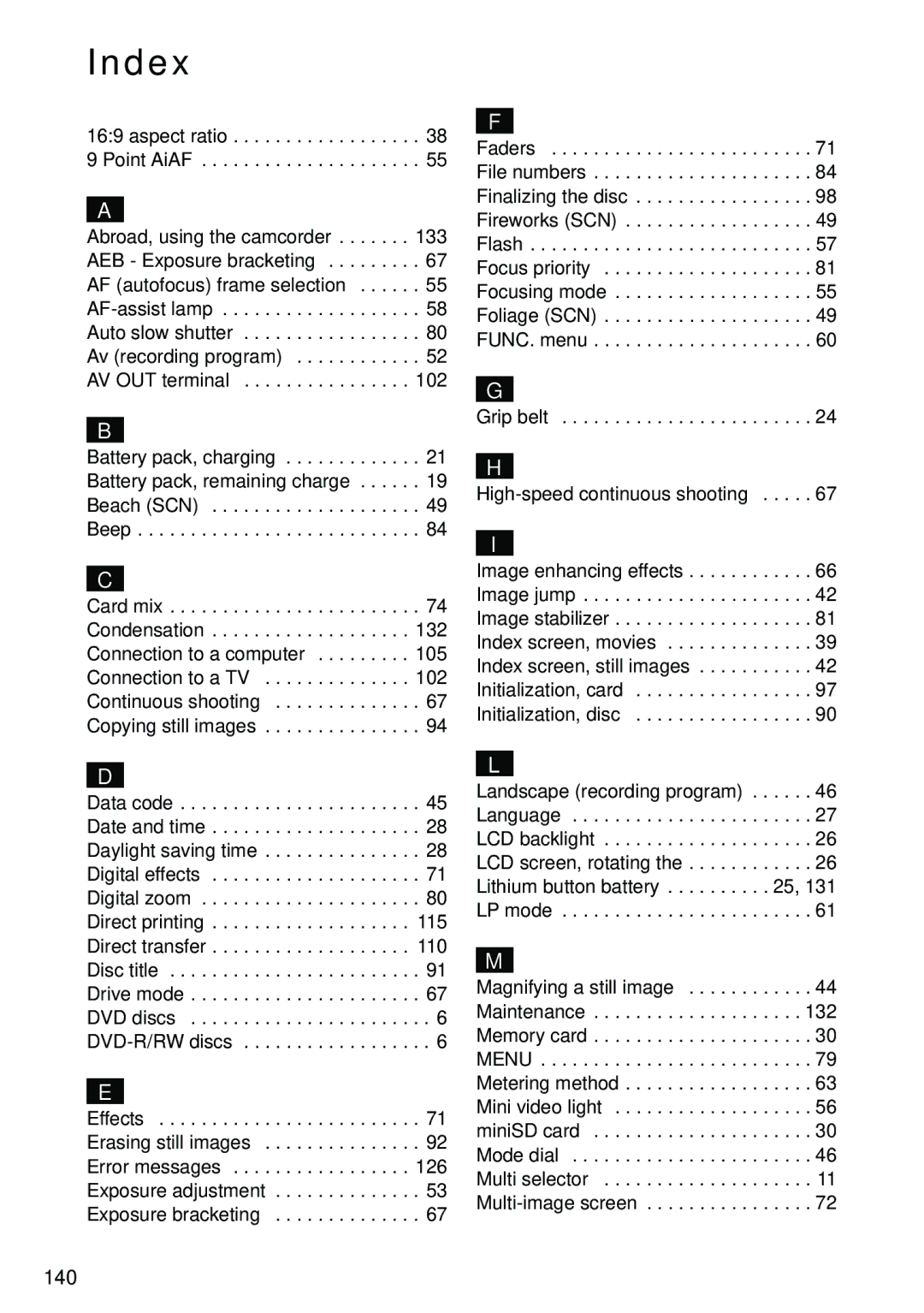 Canon DC40 instruction manual Index, Grip belt High-speed continuous shooting 