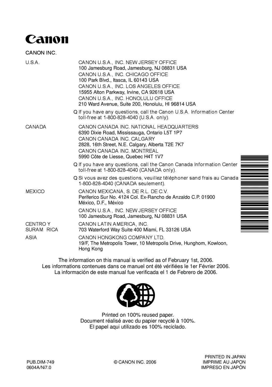 Canon DC40 instruction manual Canon INC Canon U.S.A., INC. NEW Jersey Office 