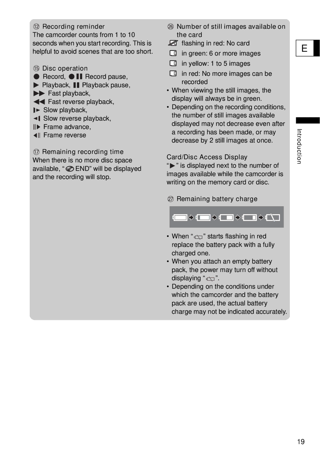 Canon DC40 Recording reminder, Disc operation, Number of still images available on the card, Card/Disc Access Display 