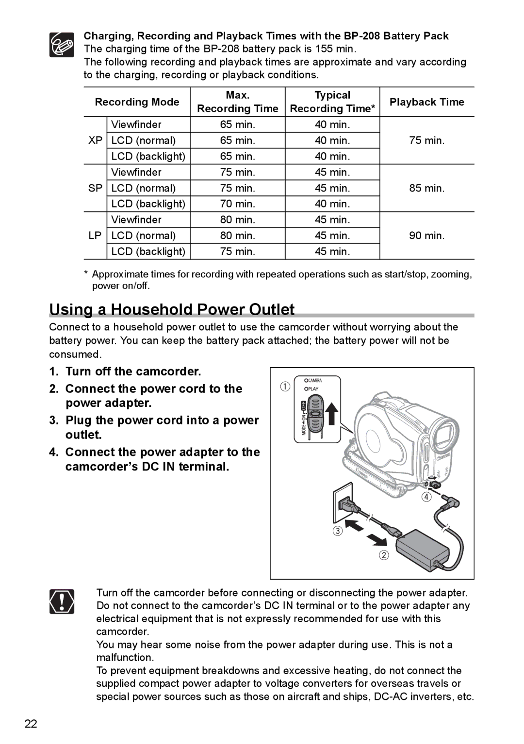 Canon DC40 instruction manual Using a Household Power Outlet, Recording Mode Max Typical Playback Time 