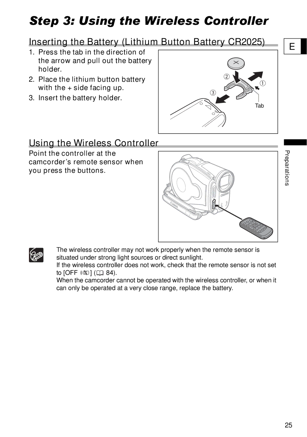 Canon DC40 instruction manual Using the Wireless Controller, Inserting the Battery Lithium Button Battery CR2025 