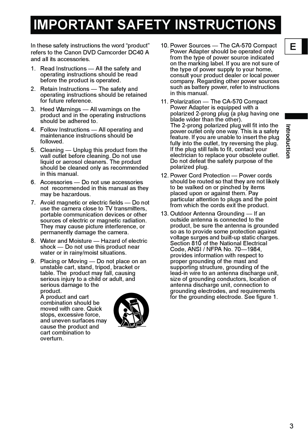 Canon DC40 instruction manual Important Safety Instructions 