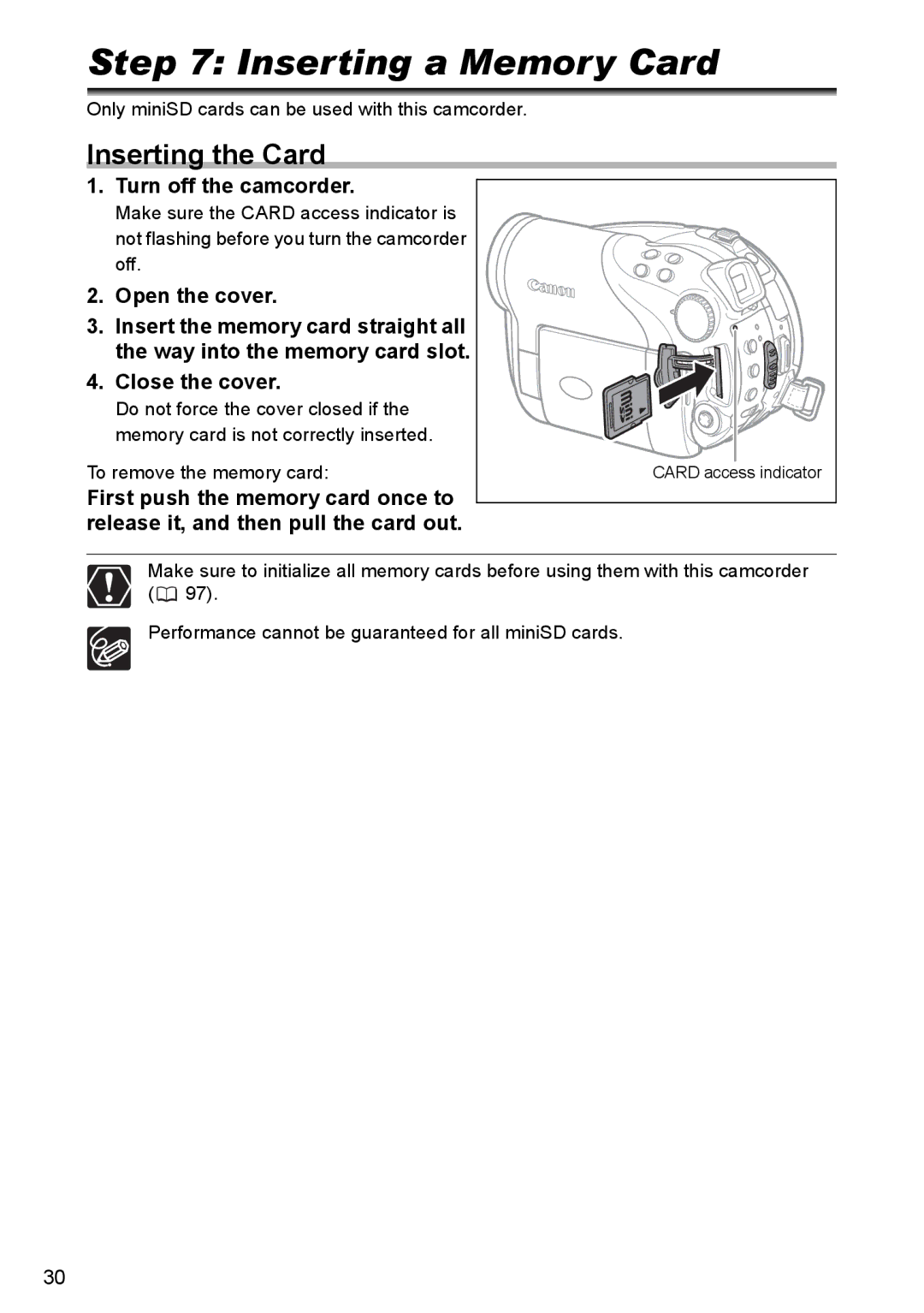 Canon DC40 Inserting a Memory Card, Inserting the Card, Turn off the camcorder, Open the cover, Close the cover 