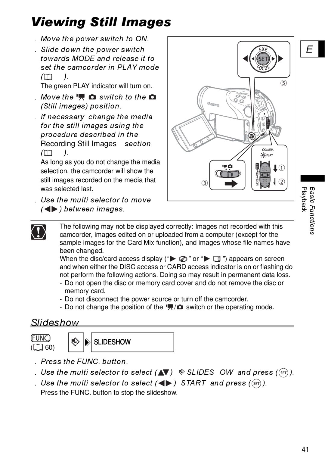 Canon DC40 instruction manual Viewing Still Images, Slideshow, Use the multi selector to move Between images 