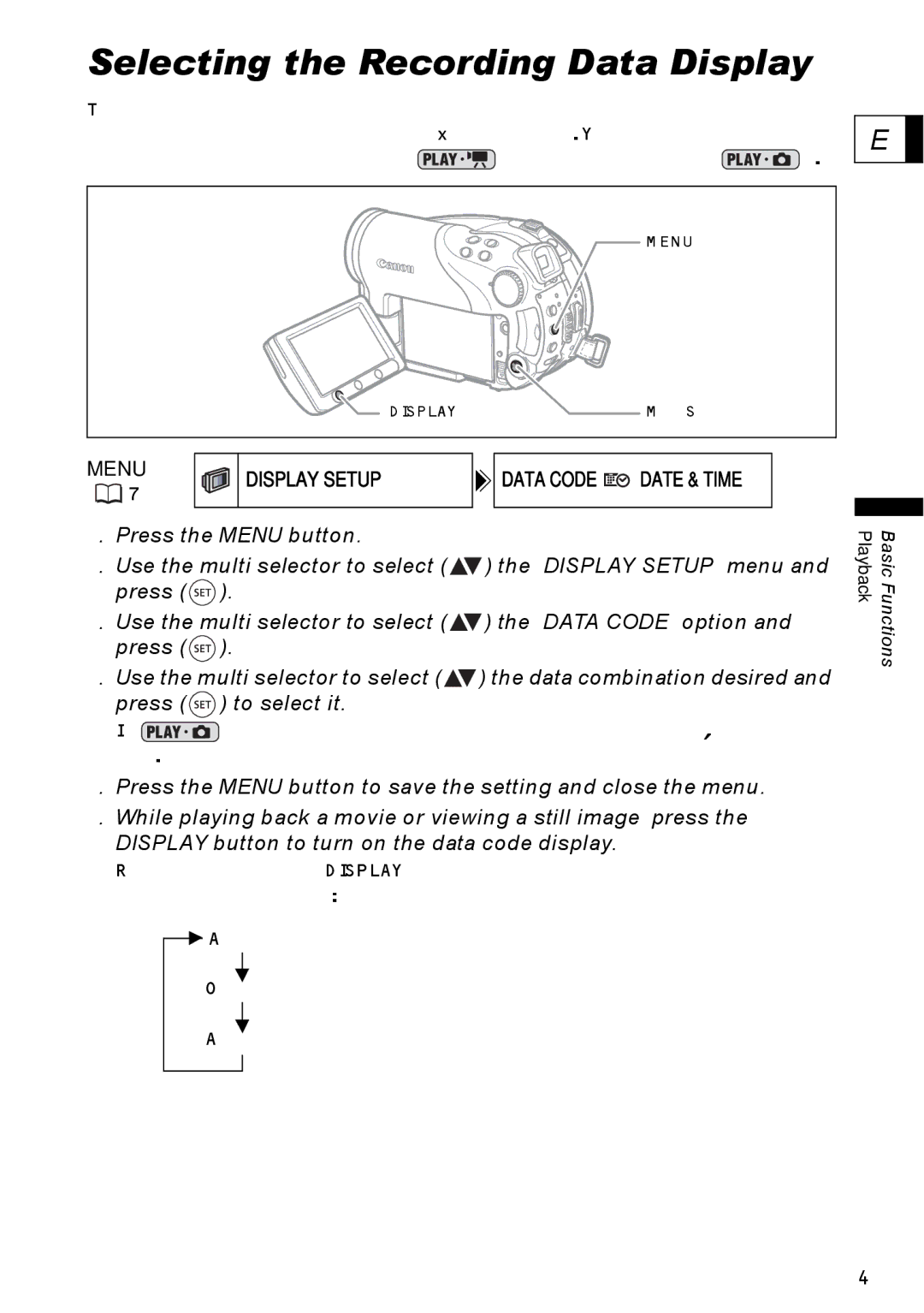 Canon DC40 instruction manual Selecting the Recording Data Display, Menu Display Setup Data Code 