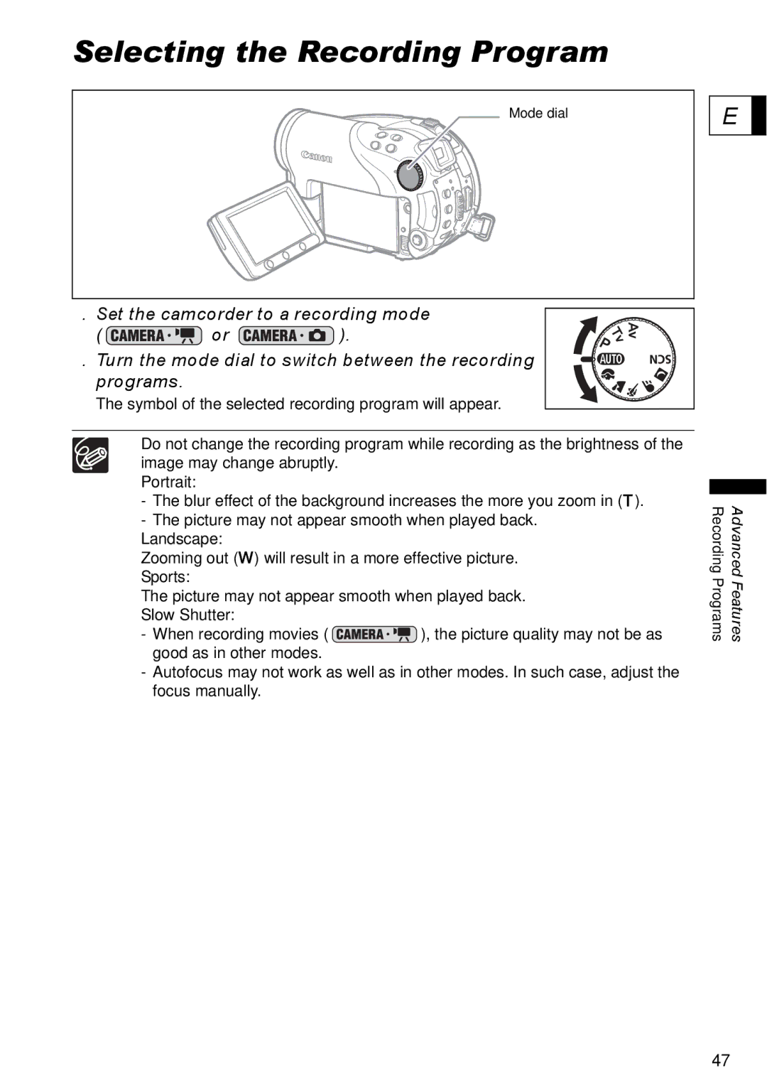 Canon DC40 instruction manual Selecting the Recording Program 