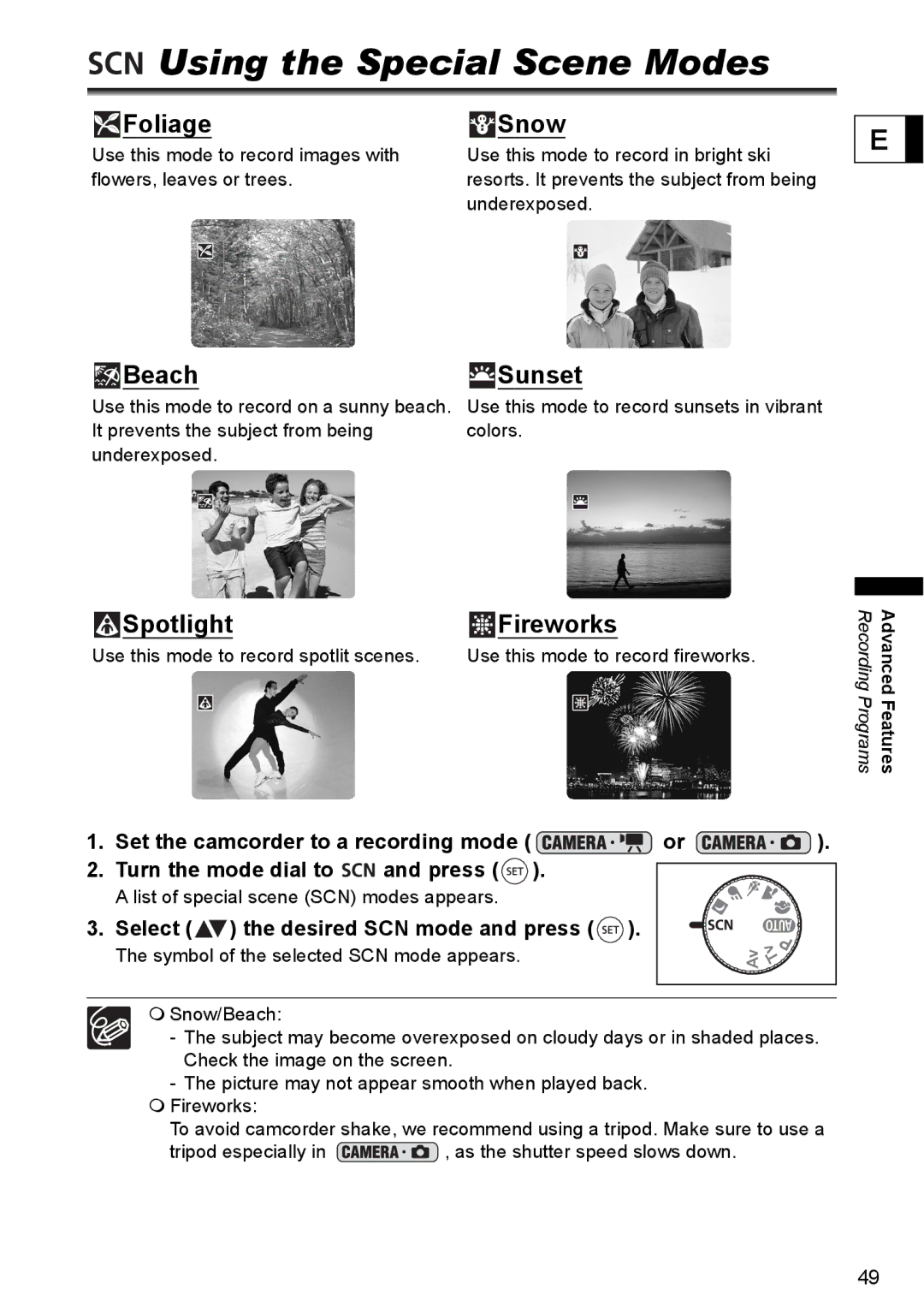 Canon DC40 instruction manual Using the Special Scene Modes, Select the desired SCN mode and press 