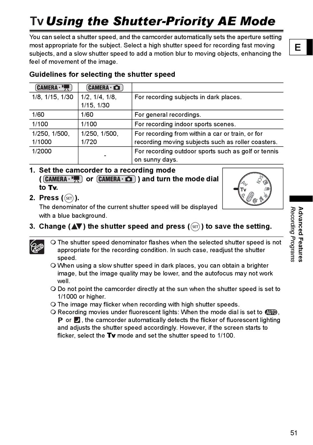 Canon DC40 instruction manual Using the Shutter-Priority AE Mode, Guidelines for selecting the shutter speed, On sunny days 