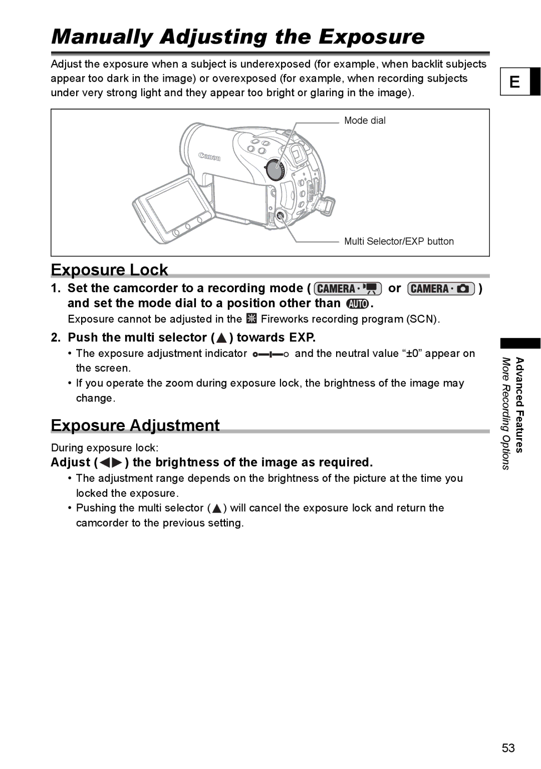 Canon DC40 Manually Adjusting the Exposure, Exposure Lock, Exposure Adjustment, Push the multi selector towards EXP 