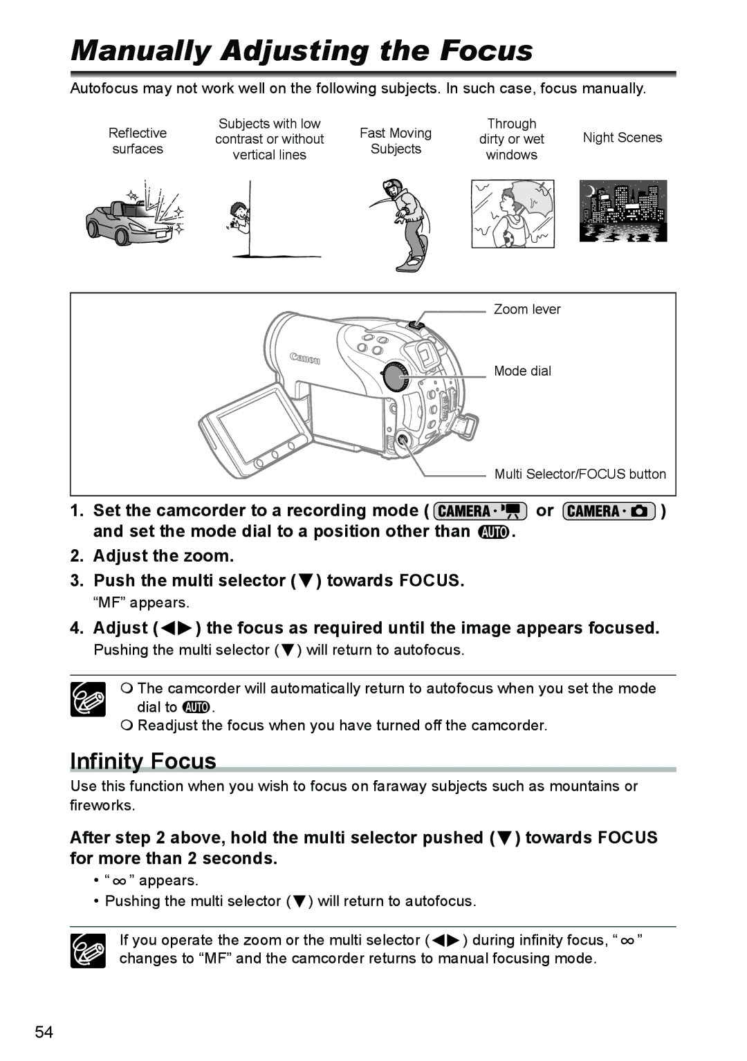 Canon DC40 instruction manual Manually Adjusting the Focus, Infinity Focus, MF appears 