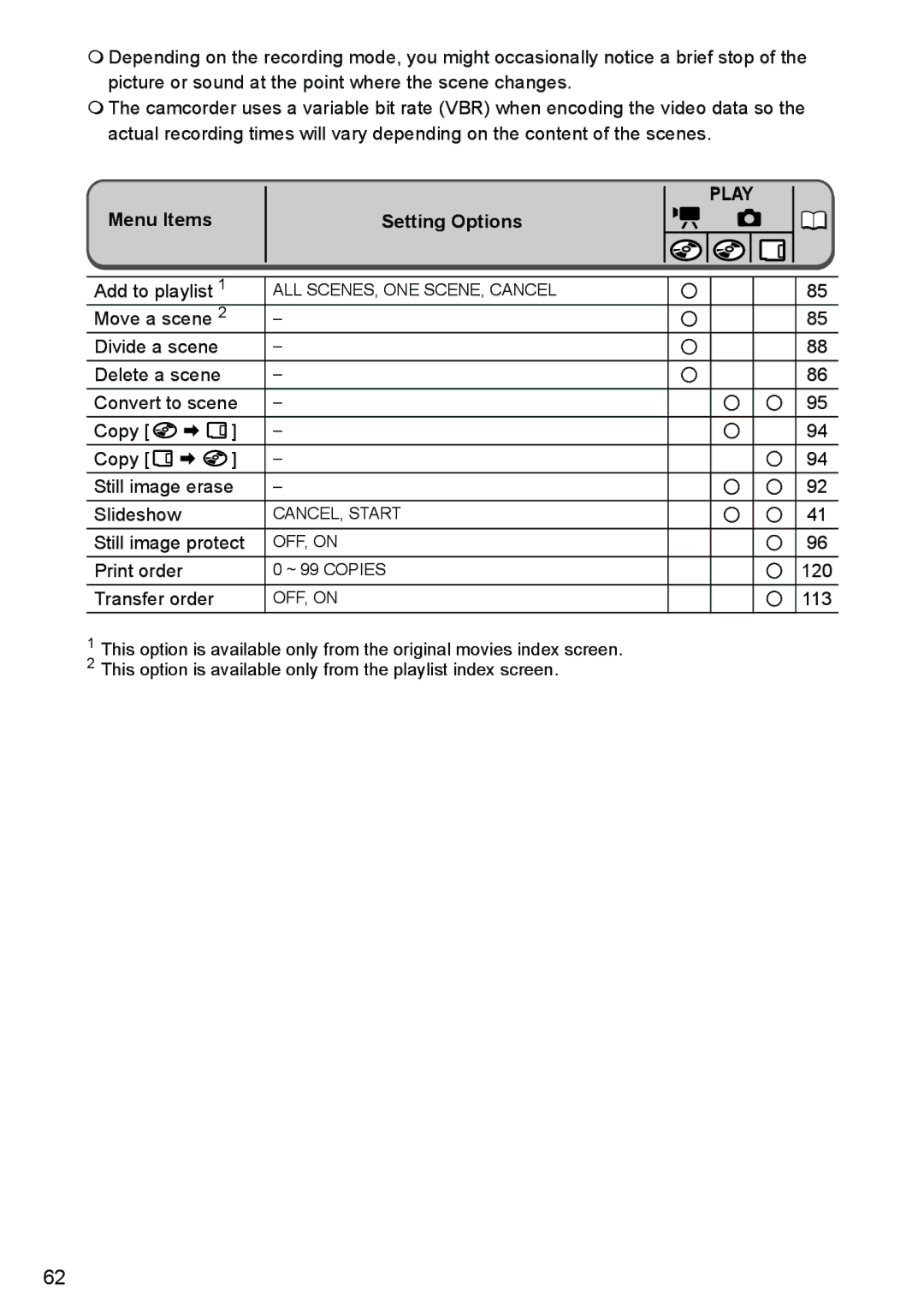 Canon DC40 instruction manual Menu Items Setting Options, Still image protect, Print order, Transfer order, 120 113 