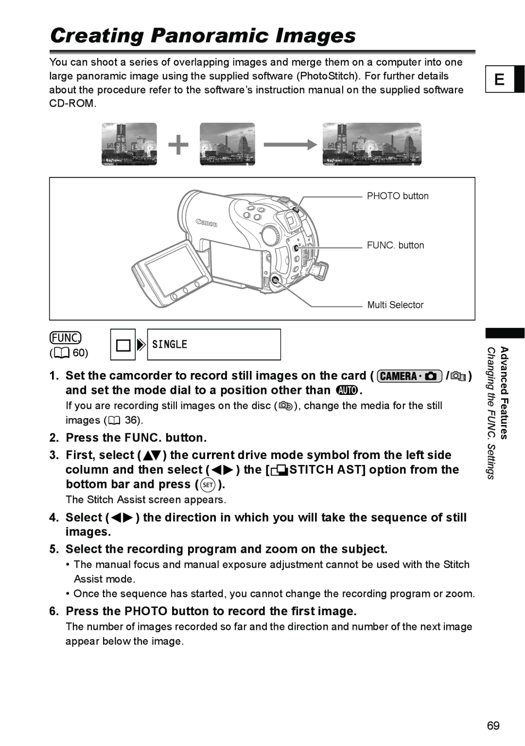 Canon DC40 Creating Panoramic Images, Press the Photo button to record the first image, Stitch Assist screen appears 