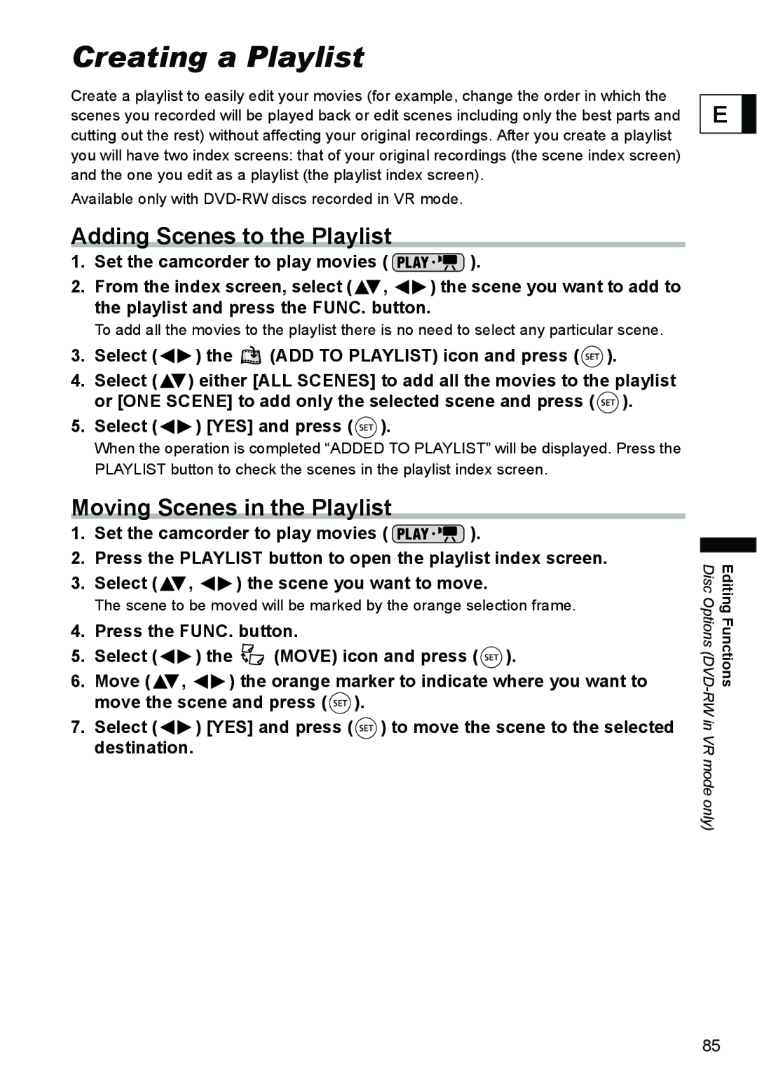 Canon DC40 instruction manual Creating a Playlist, Adding Scenes to the Playlist, Moving Scenes in the Playlist 