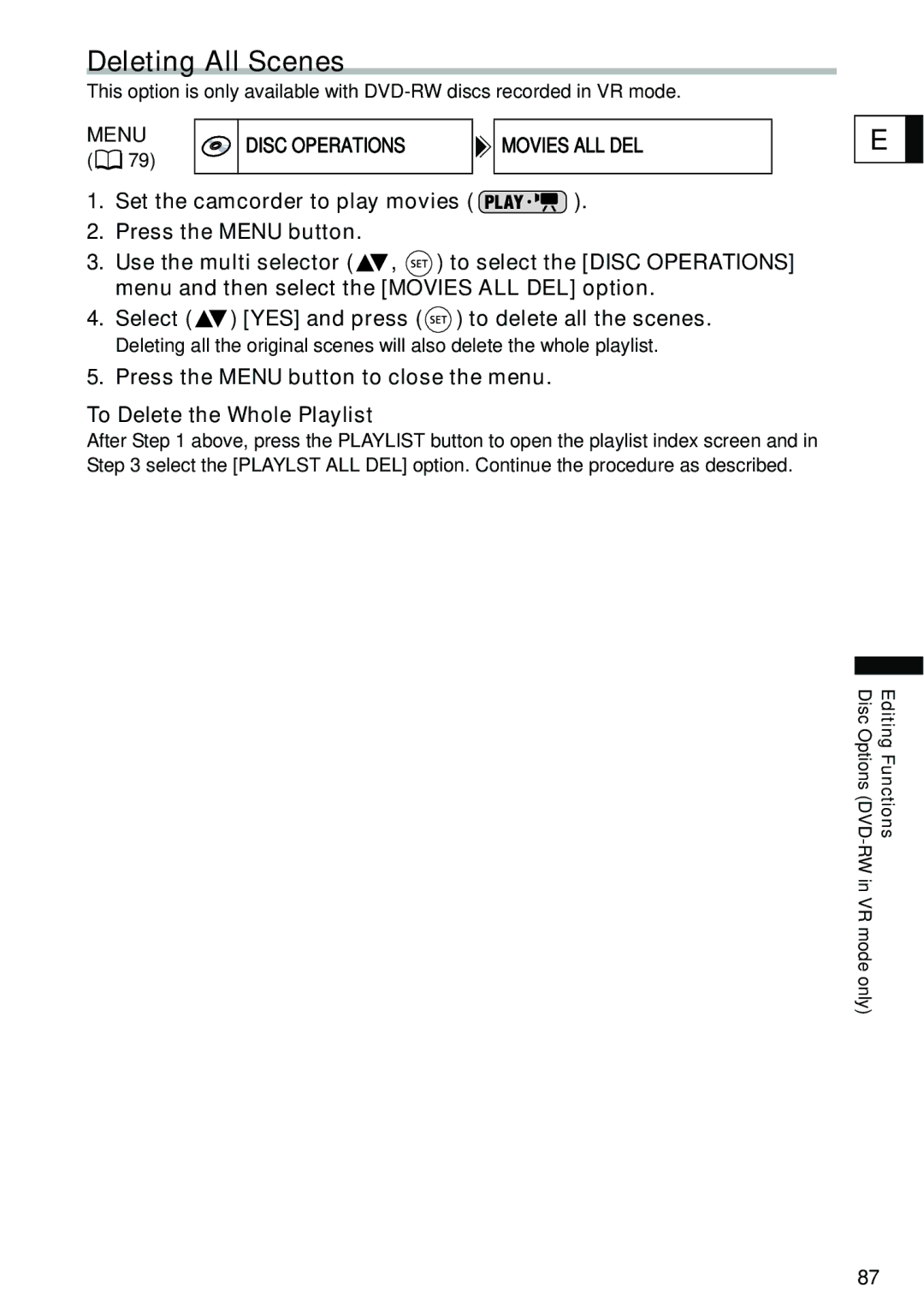 Canon DC40 instruction manual Deleting All Scenes, Menu Disc Operations 