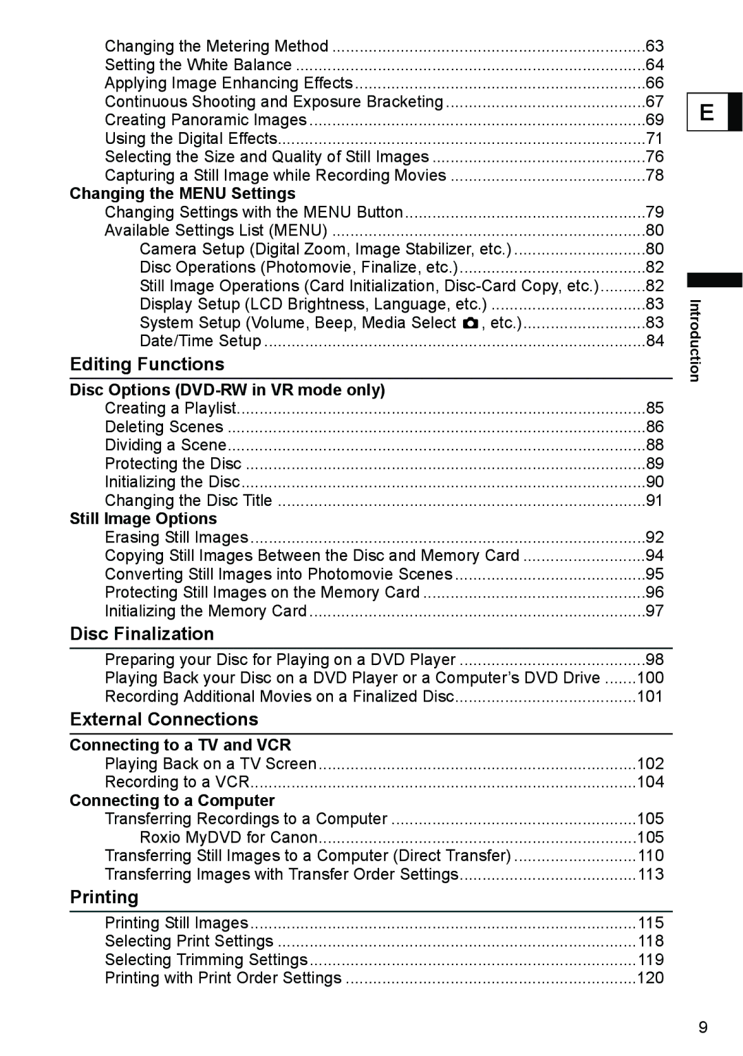 Canon DC40 Changing the Menu Settings, Disc Options DVD-RW in VR mode only, Still Image Options, Connecting to a Computer 